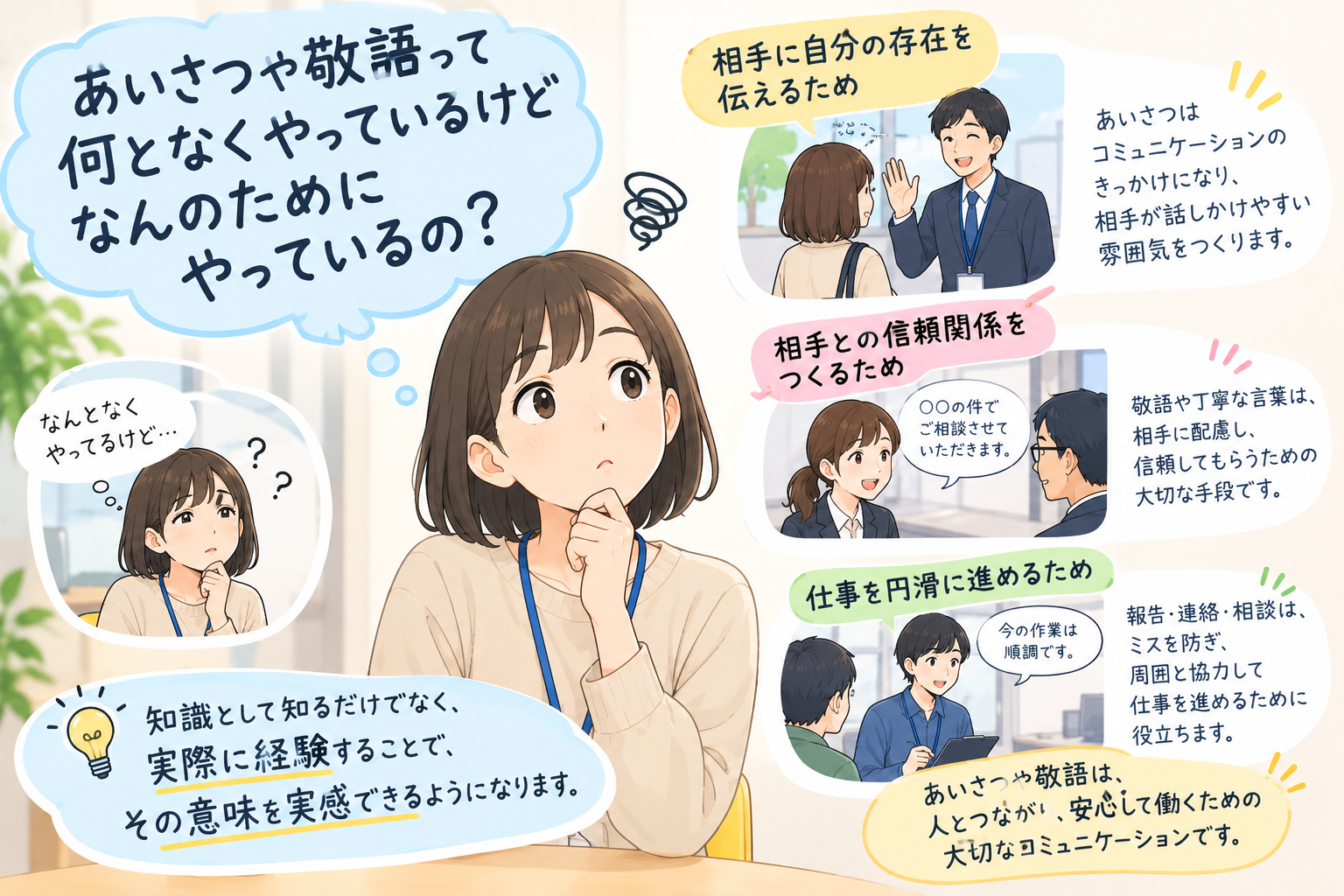 敬語や挨拶について考えている女性